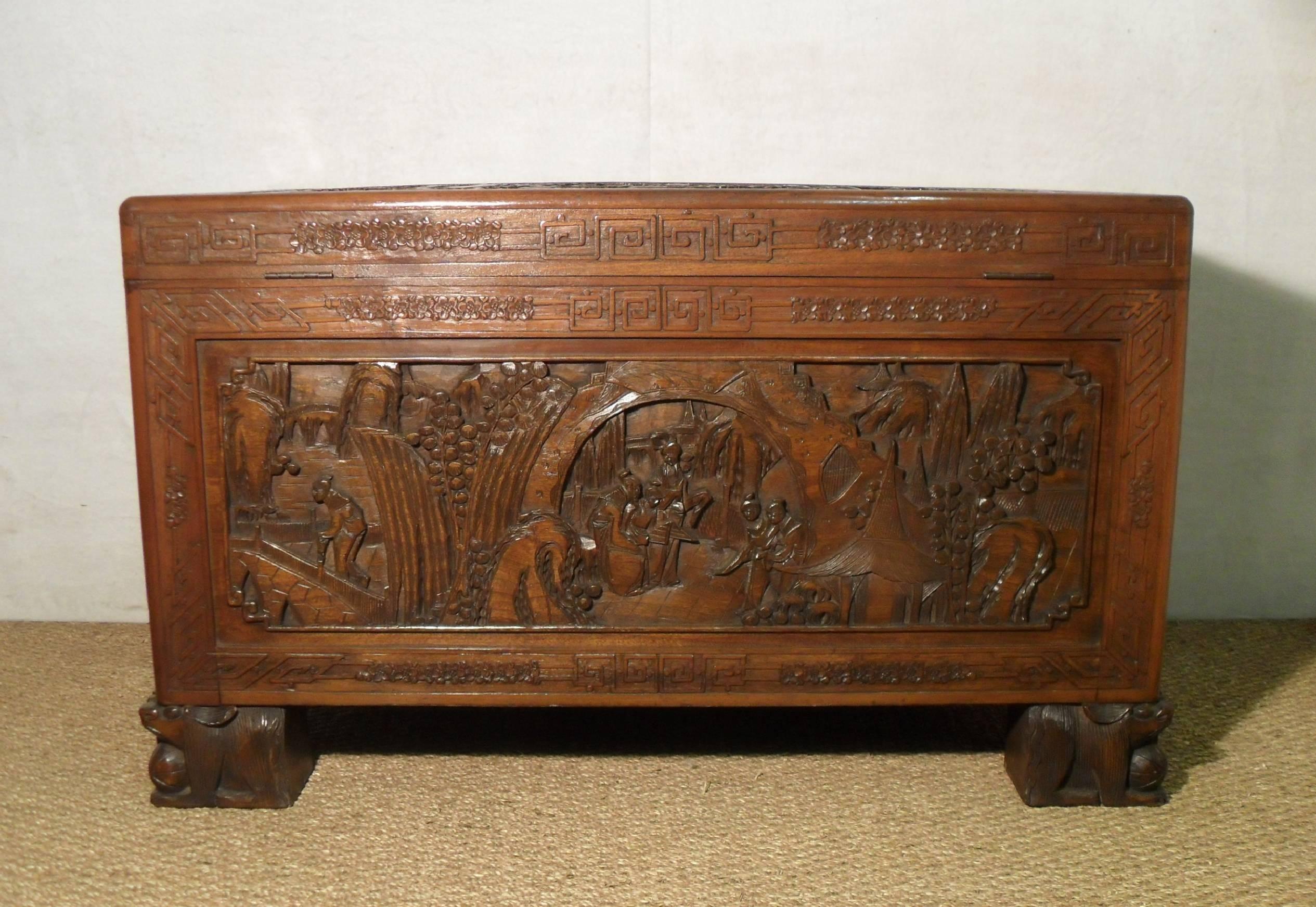 Early 20th Century Oriental Carved Freestanding Camphor Wood Chest 1