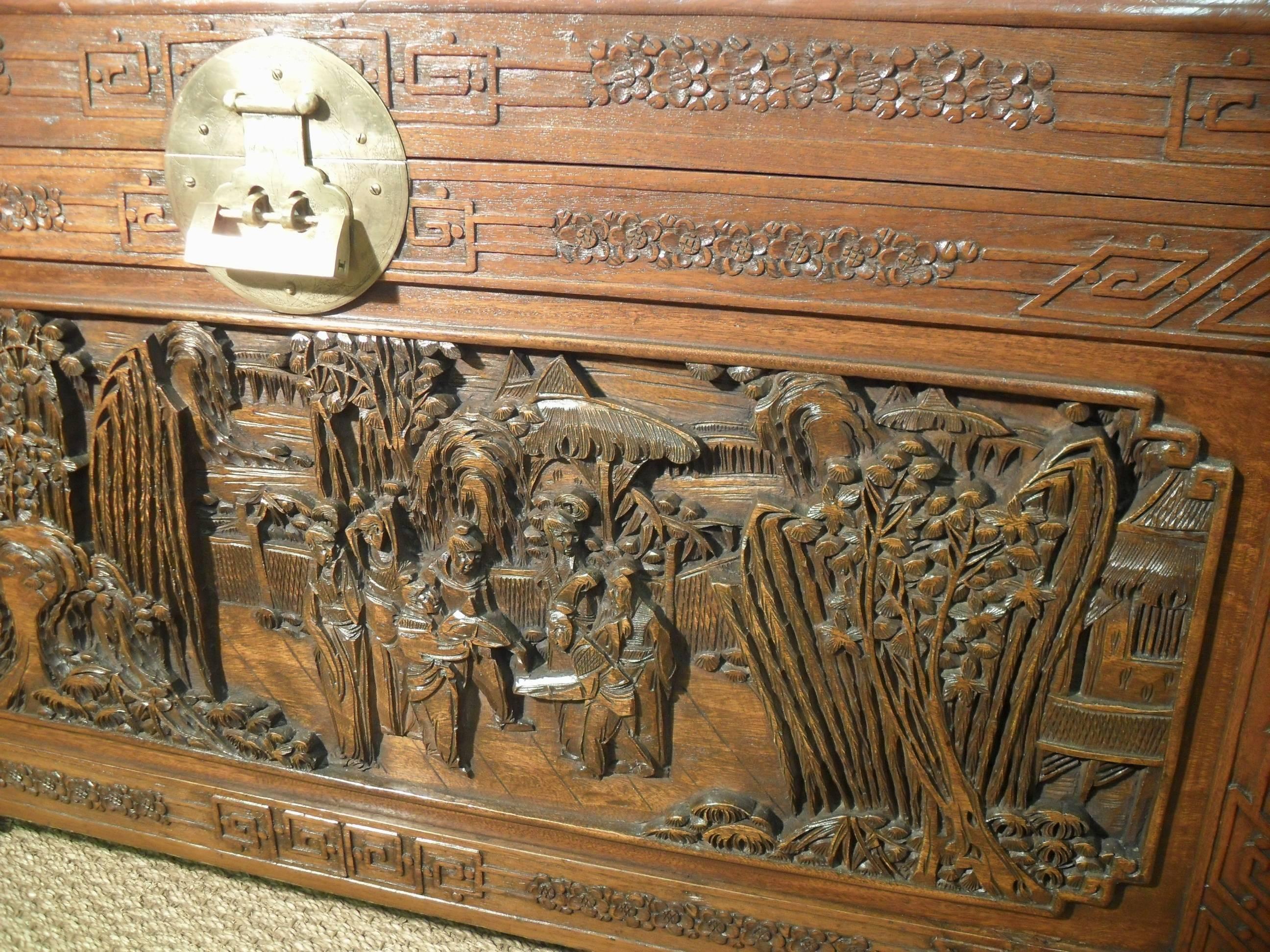 Asian Early 20th Century Oriental Carved Freestanding Camphor Wood Chest