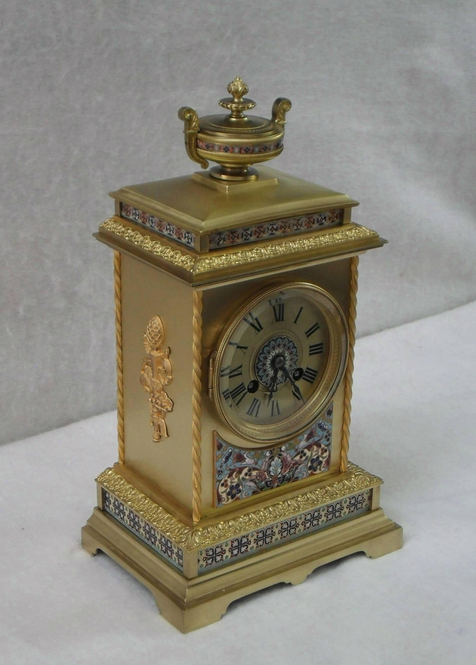 Champlevé French Belle Epoque Brass and Champleve Mantel Clock