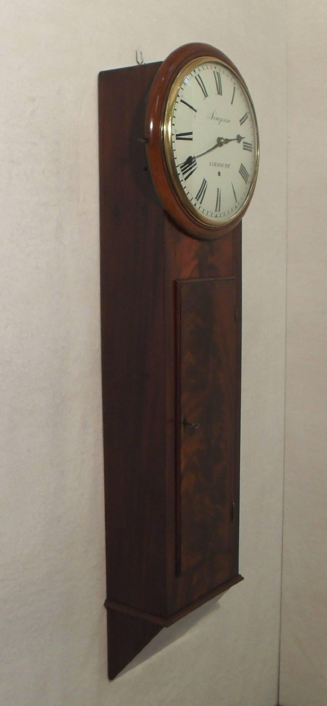 19th Century English George IV Figured Mahogany Norfolk Timepiece Wall Clock