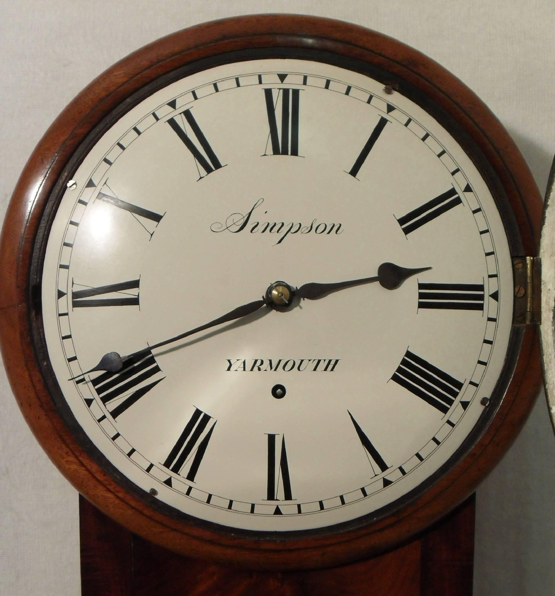 English George IV Figured Mahogany Norfolk Timepiece Wall Clock In Excellent Condition In Macclesfield, GB