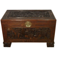 Antique Early 20th Century Oriental Carved Freestanding Camphor Wood Chest