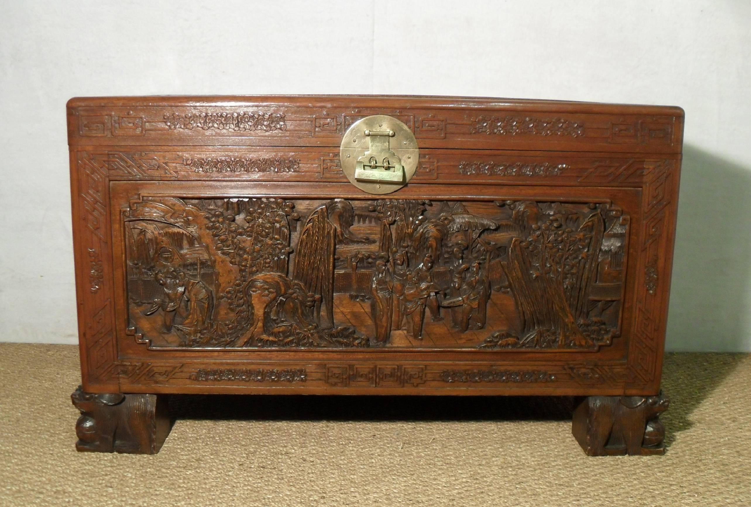 Asian Early 20th Century Oriental Carved Freestanding Camphor Wood Chest