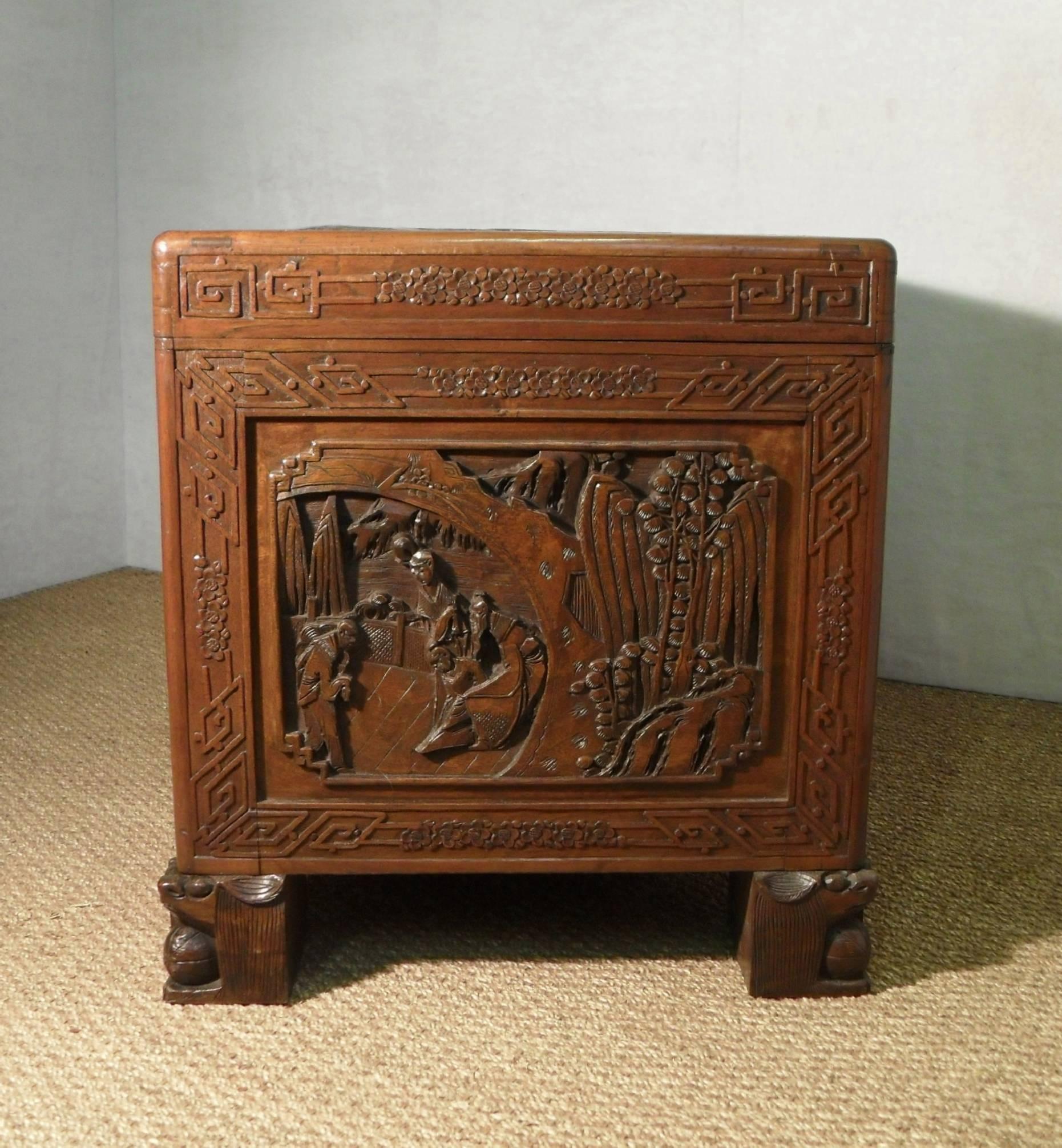 Early 20th Century Oriental Carved Freestanding Camphor Wood Chest 1