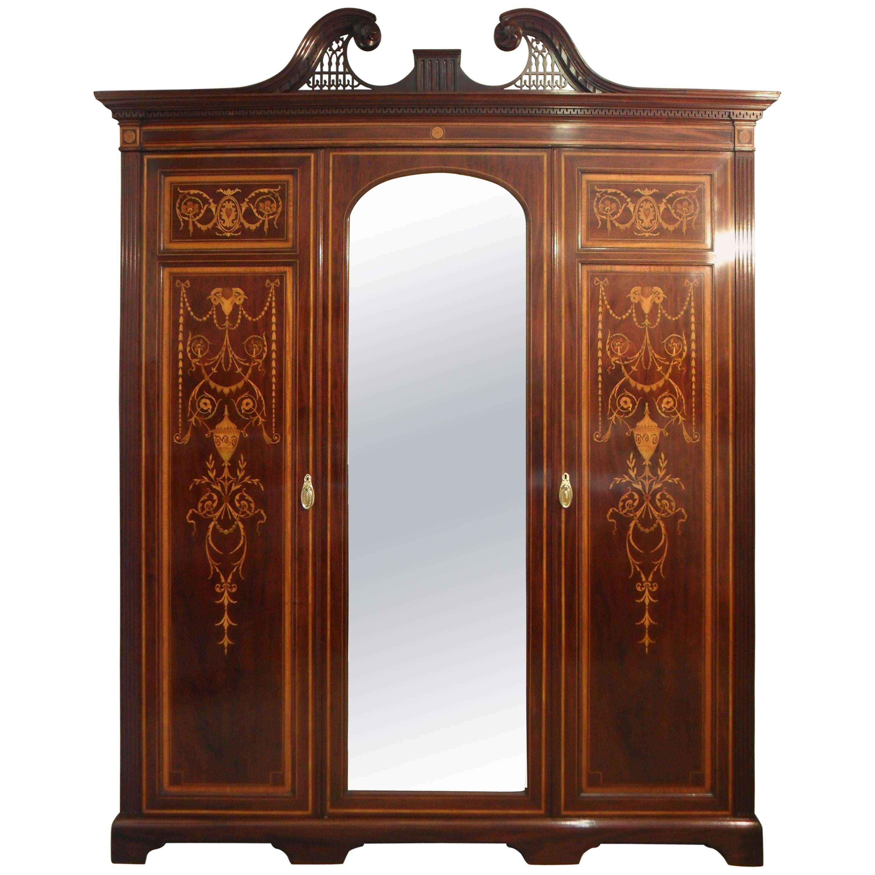 Edwardian Sheraton Revival Mahogany Inlaid Wardrobe