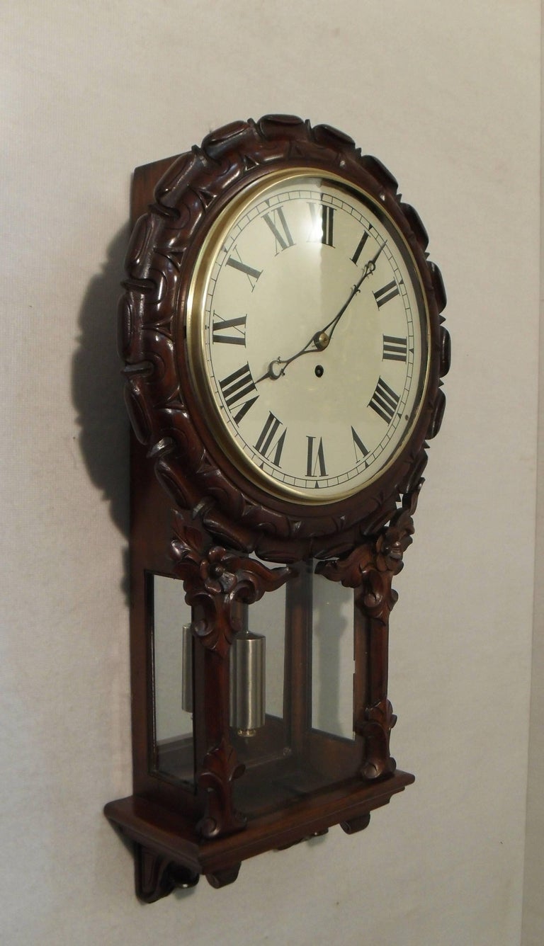 Victorian Carved Mahogany Drop Dial Timepiece Wall Clock For Sale at