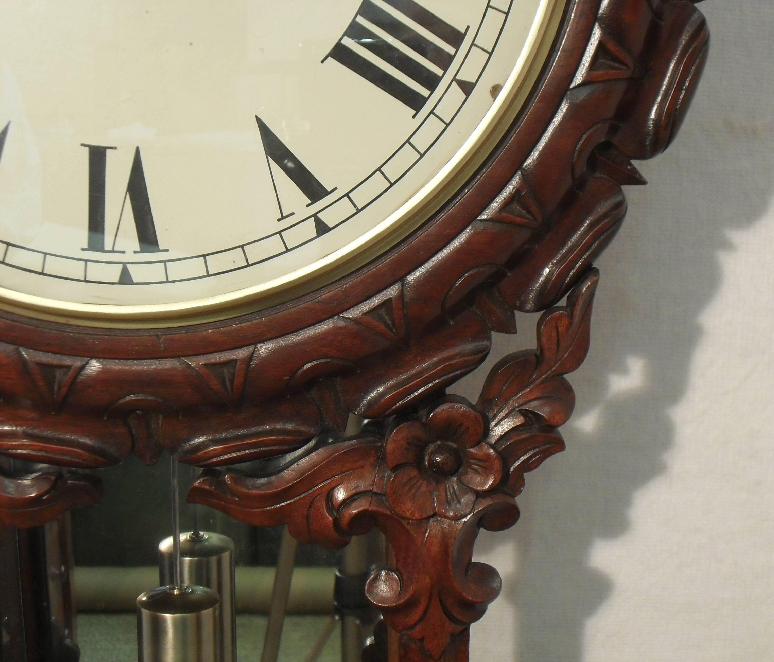 English Victorian Carved Mahogany Drop Dial Timepiece Wall Clock For Sale