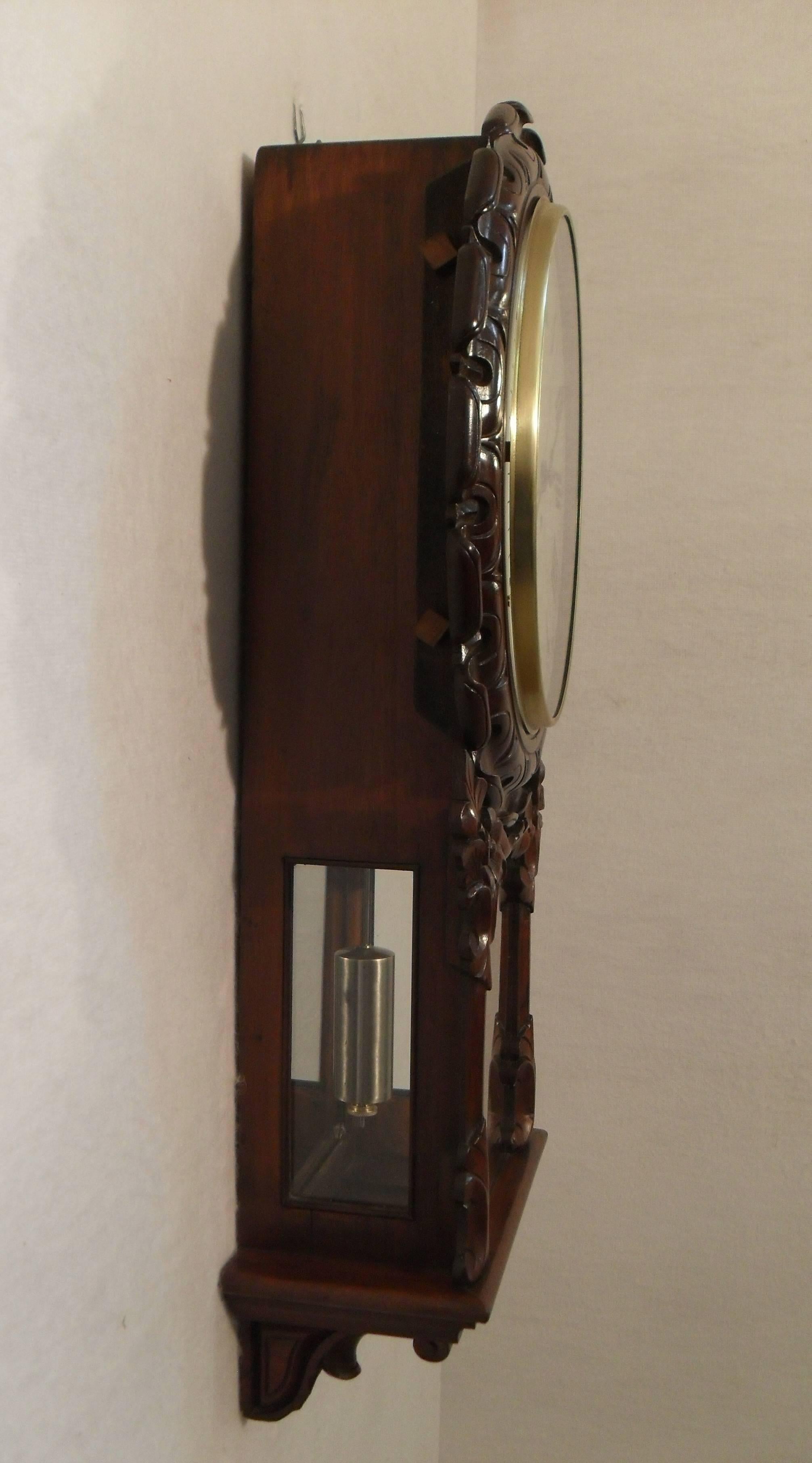 Hand-Carved Victorian Carved Mahogany Drop Dial Timepiece Wall Clock For Sale