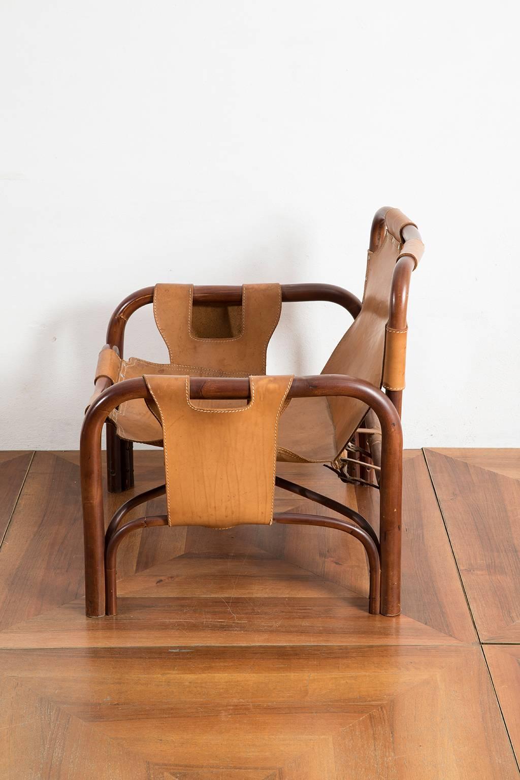 Mid-Century Modern Bamboo and Patinated Cognac Leather Armchair by Bonacina, 1960s