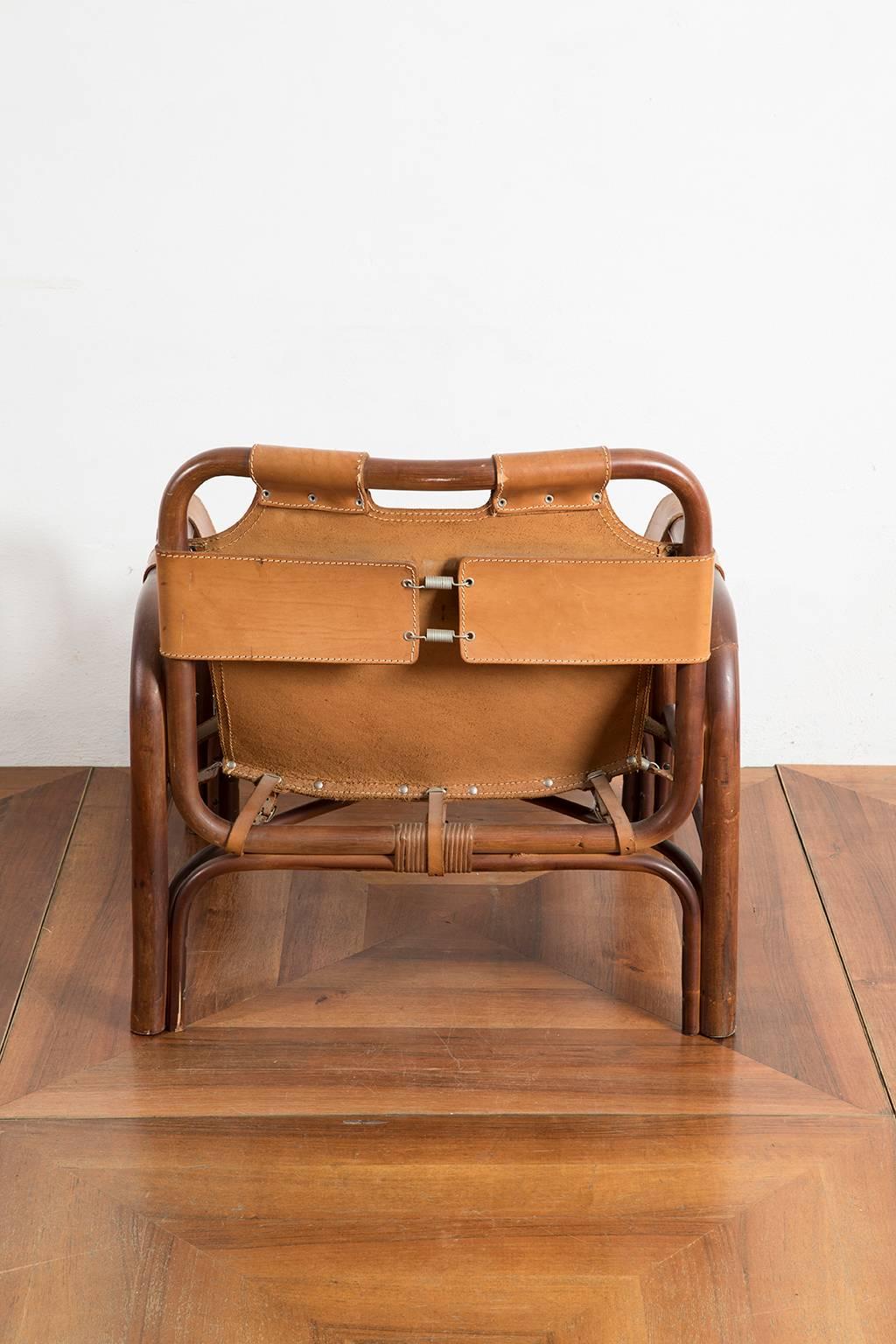 Italian Bamboo and Patinated Cognac Leather Armchair by Bonacina, 1960s
