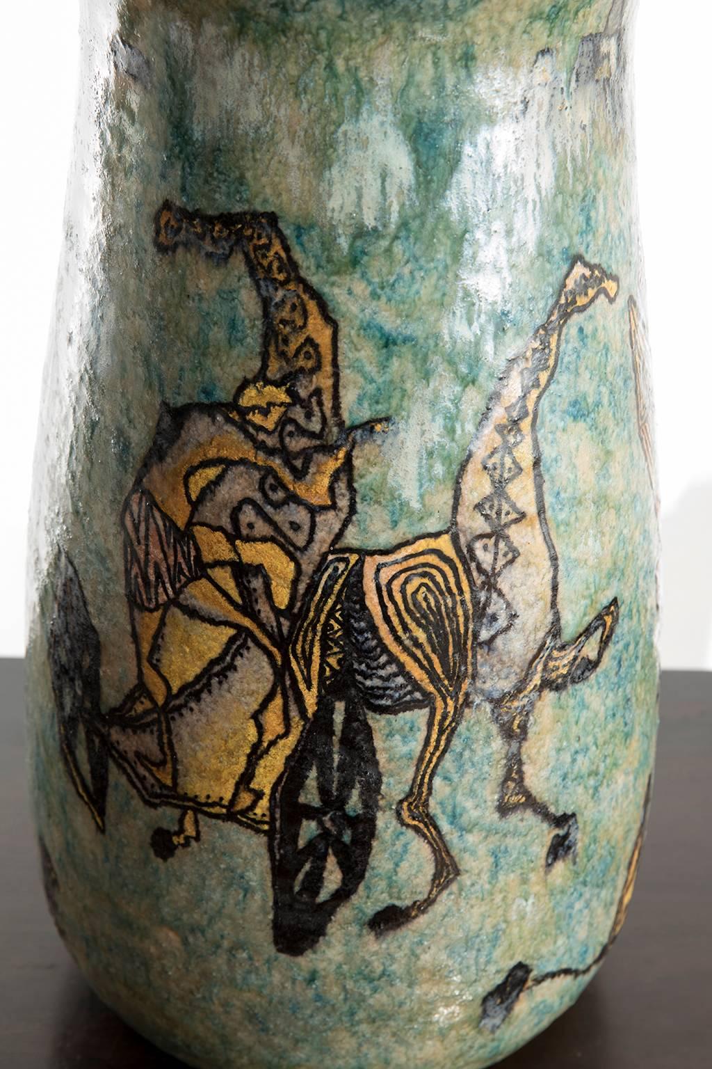 Italian Carlo Zauli Turquoise Mythology Themed Vase, 1950s For Sale