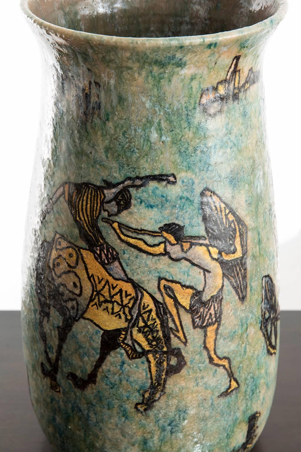 Glazed Carlo Zauli Turquoise Mythology Themed Vase, 1950s For Sale