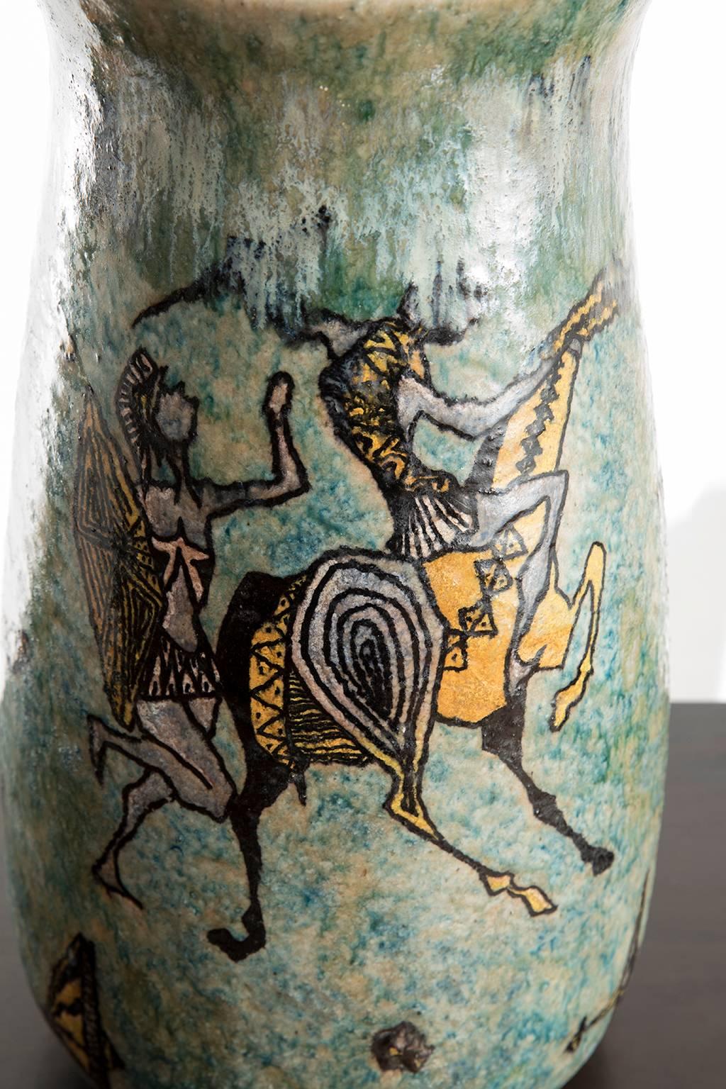 Carlo Zauli Turquoise Mythology Themed Vase, 1950s In Excellent Condition For Sale In Firenze, IT