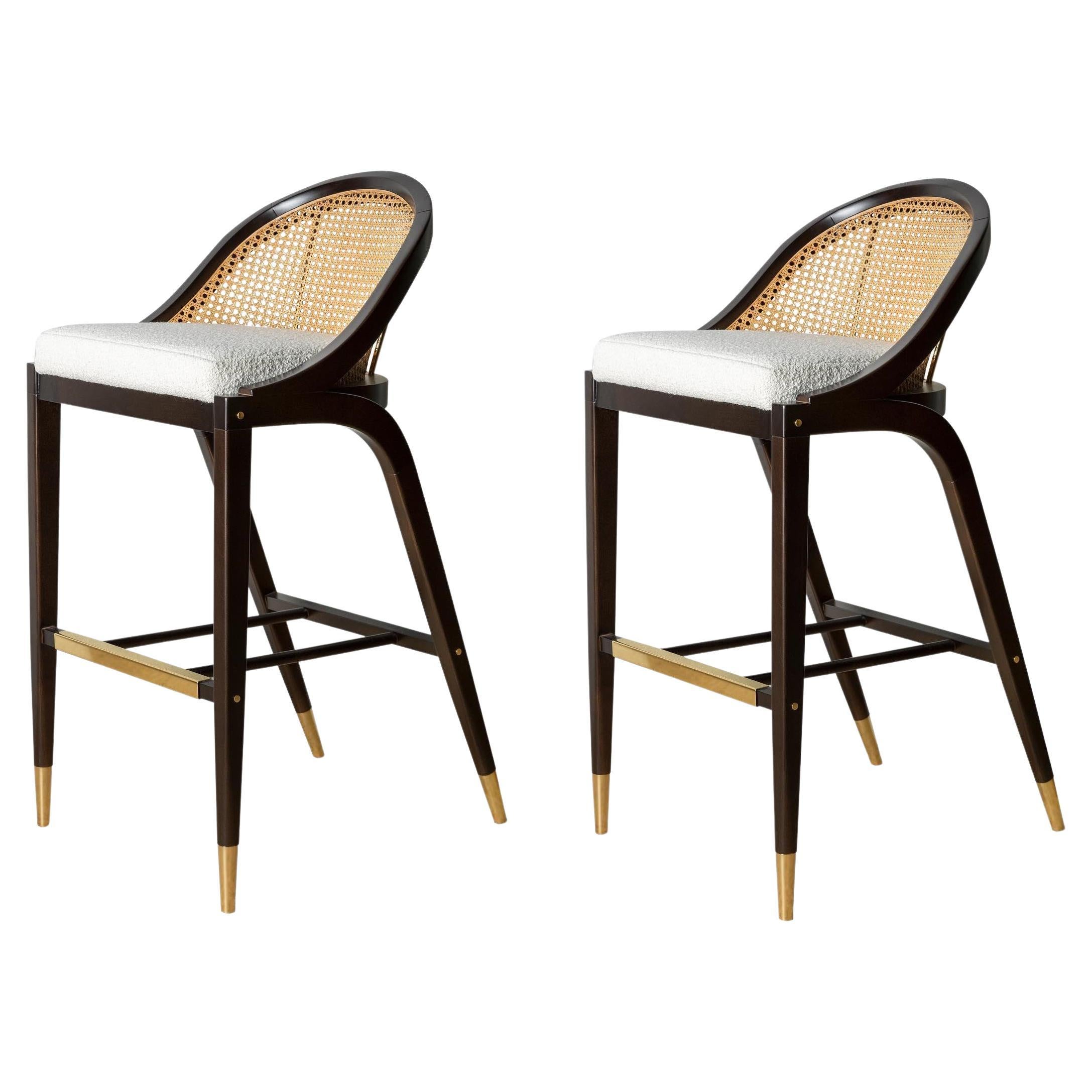 Set of 2 Contemporary Cane Back Counter Stool in Ebony For Sale