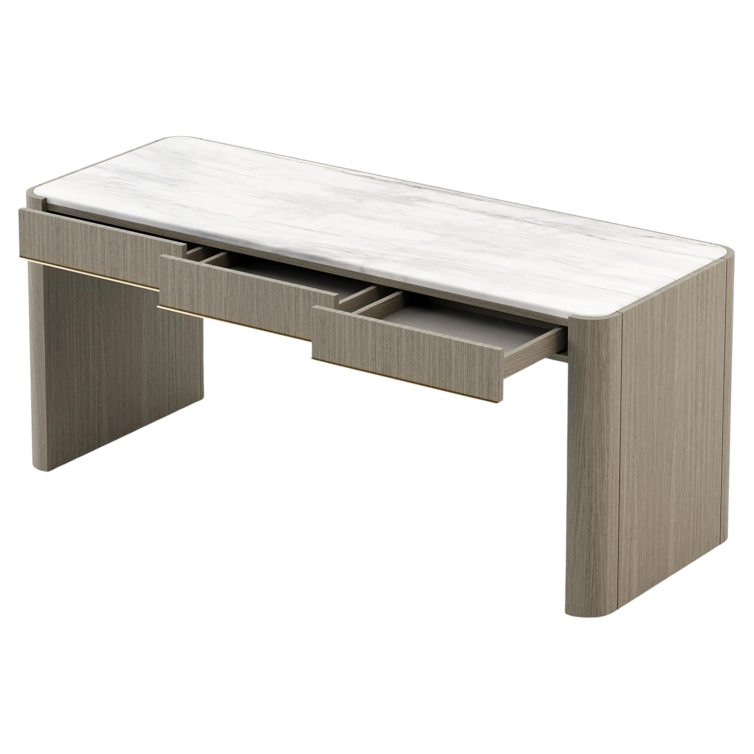 Marble Top and Wood Frame Desk with 3 Drawers and Metal Details For