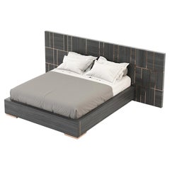 California King Bed with Oversized Headboard in Wood Veneer and Metal