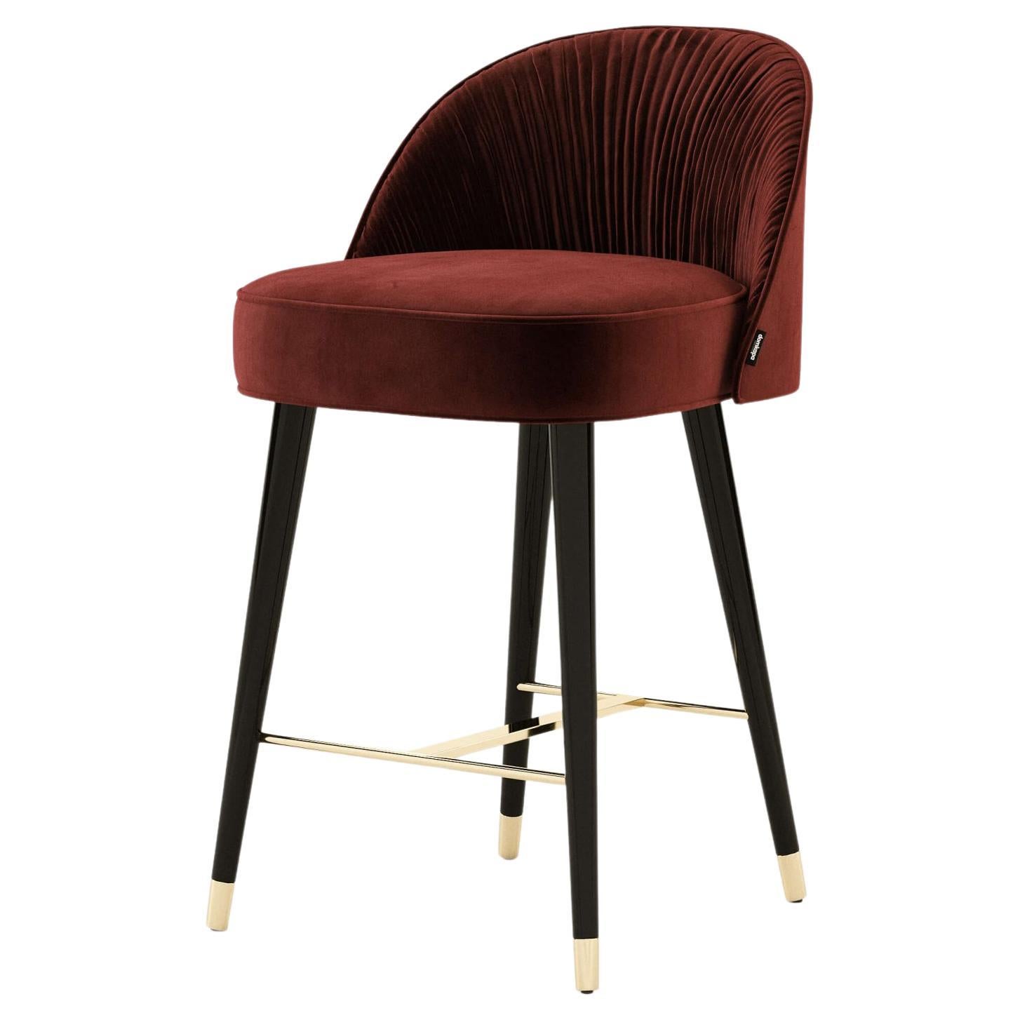 Hand Pleated Velvet Counter or Bar Stool with Wood Legs For Sale
