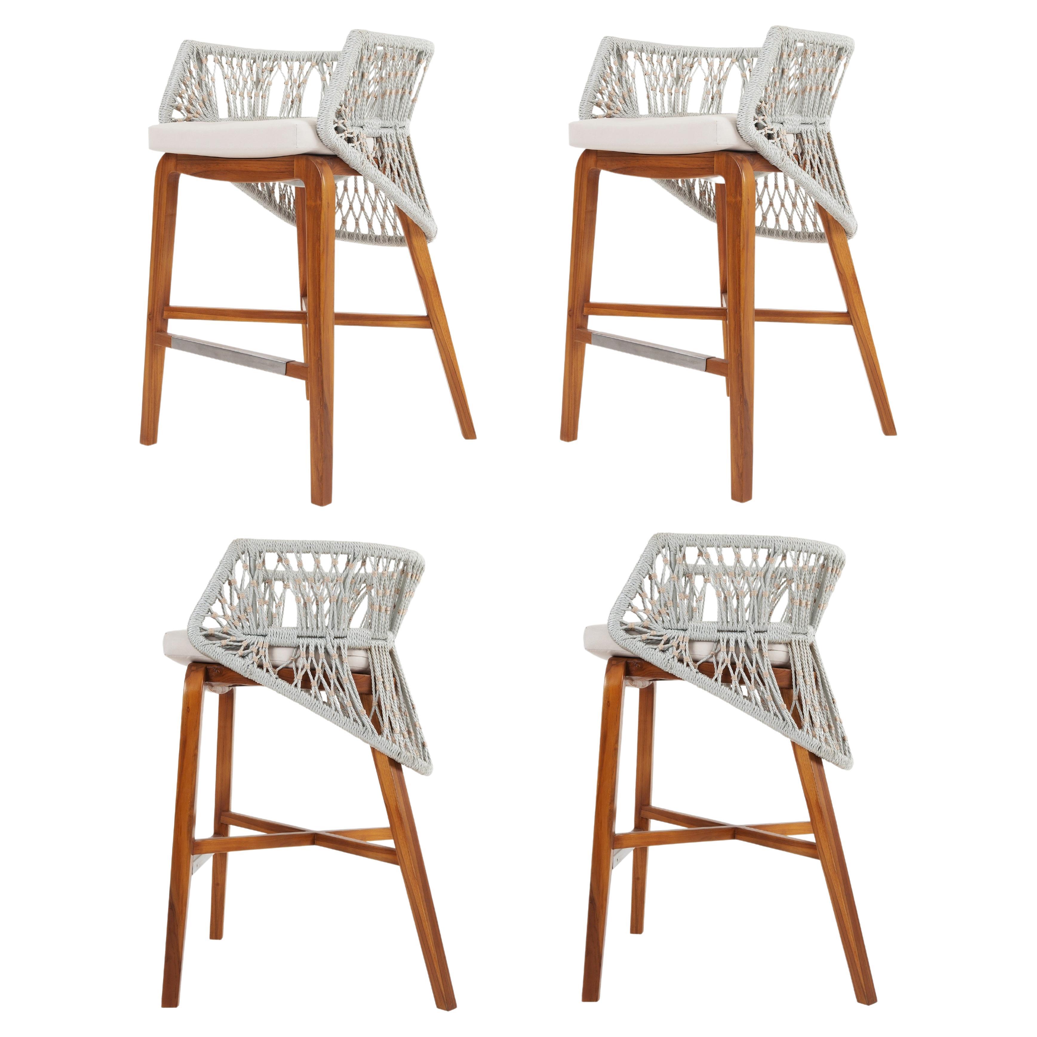 Set Of 4 Outdoor Barstools In Solid Teak For Sale