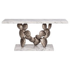 Sculptural Marble Console with Cactus Leaf-Shaped Structure in Cast Solid Brass