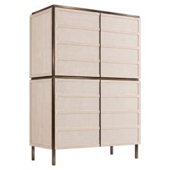Contemporary Architectural Cabinet in Limed Oak, Woven Flax & Oxidized Brass