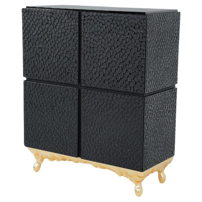 Contemporary Four-Door Cabinet with Textured Black and Gold Leaf Finish For Sale