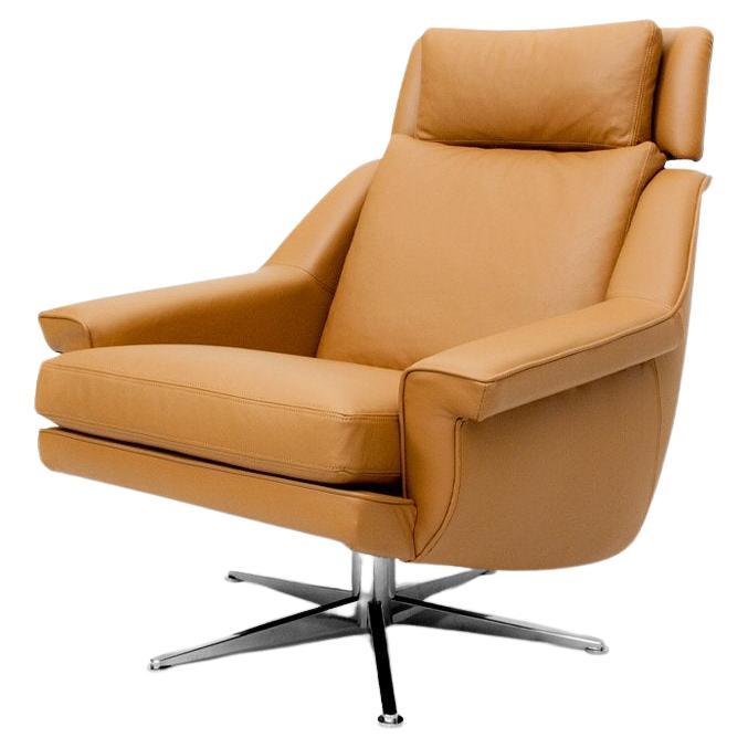 Swivel Armchair In Rich Camel Leather and Stainless Steel Base For Sale
