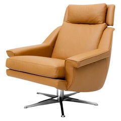 Swivel Armchair In Rich Camel Leather and Stainless Steel Base