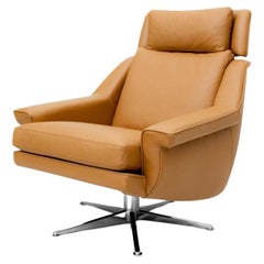 Fauteuil pivotant en riche cuir camel et base en acier inoxydable