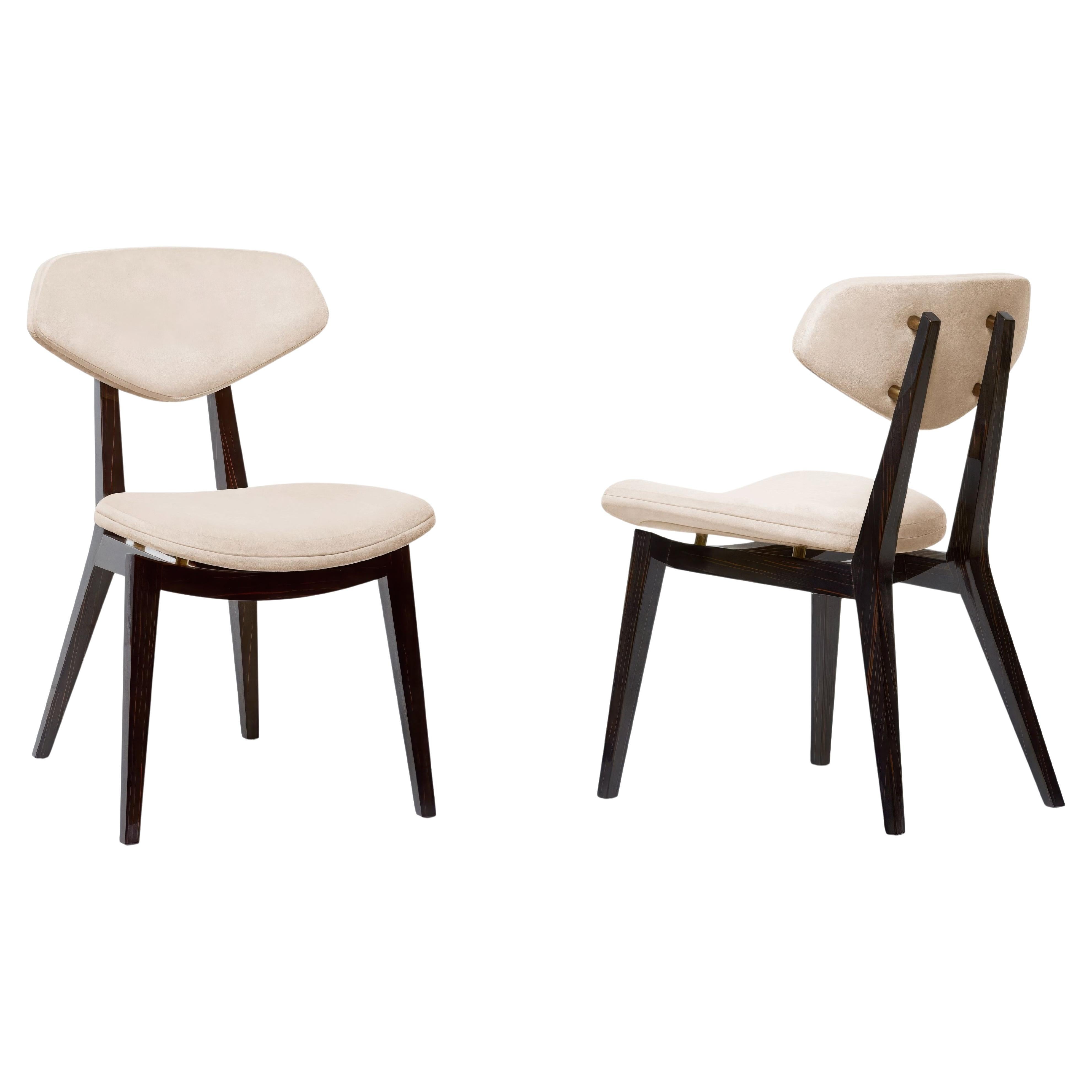 Mid-Century Modern Dining Chair in Velvet with Ebony Wood Frame and Brass Detail