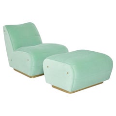 Retro Sculptural Armchair and Ottoman in Velvet with Brushed Brass Base