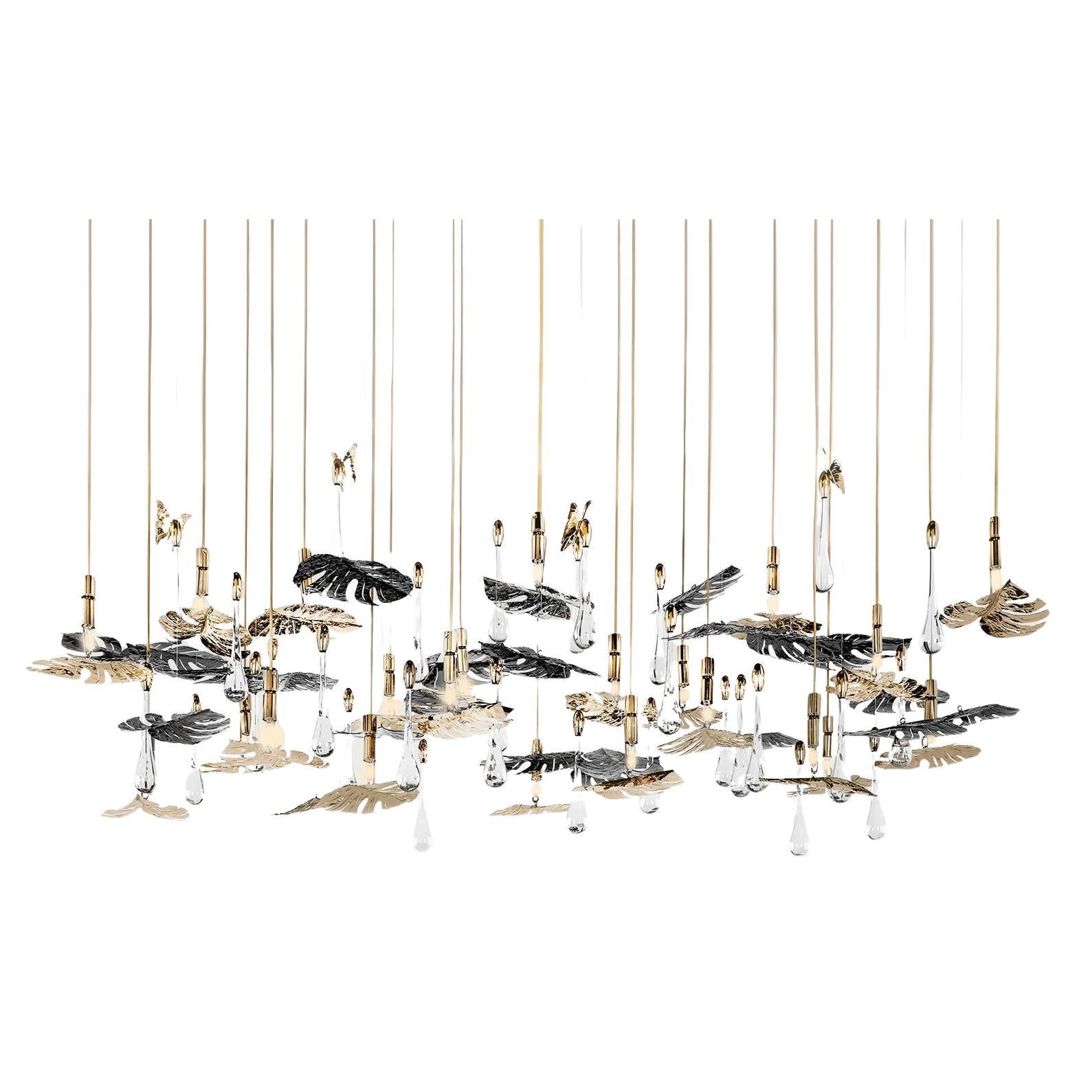 Rainforest XL Suspended Chandelier, Gold-Plated Brass Leaf Accents & Crystals For Sale
