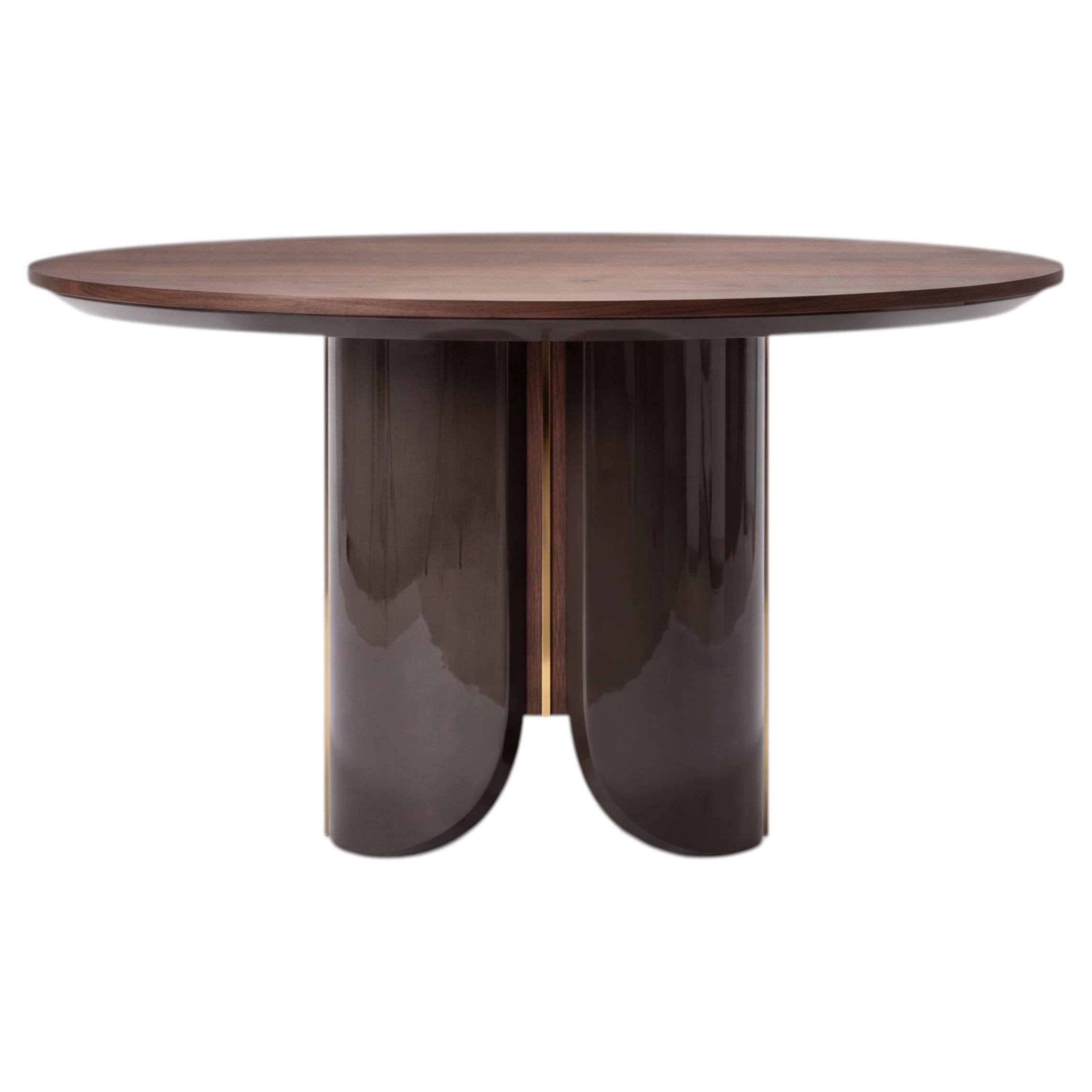 Round Dining Table with Walnut Top, Lacquered Base, and Metal Accents