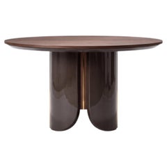 Round Dining Table with Walnut Top, Lacquered Base, and Metal Accents