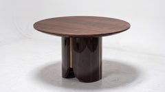 Round Dining Table with Walnut Top, Lacquered Base, and Metal Accents