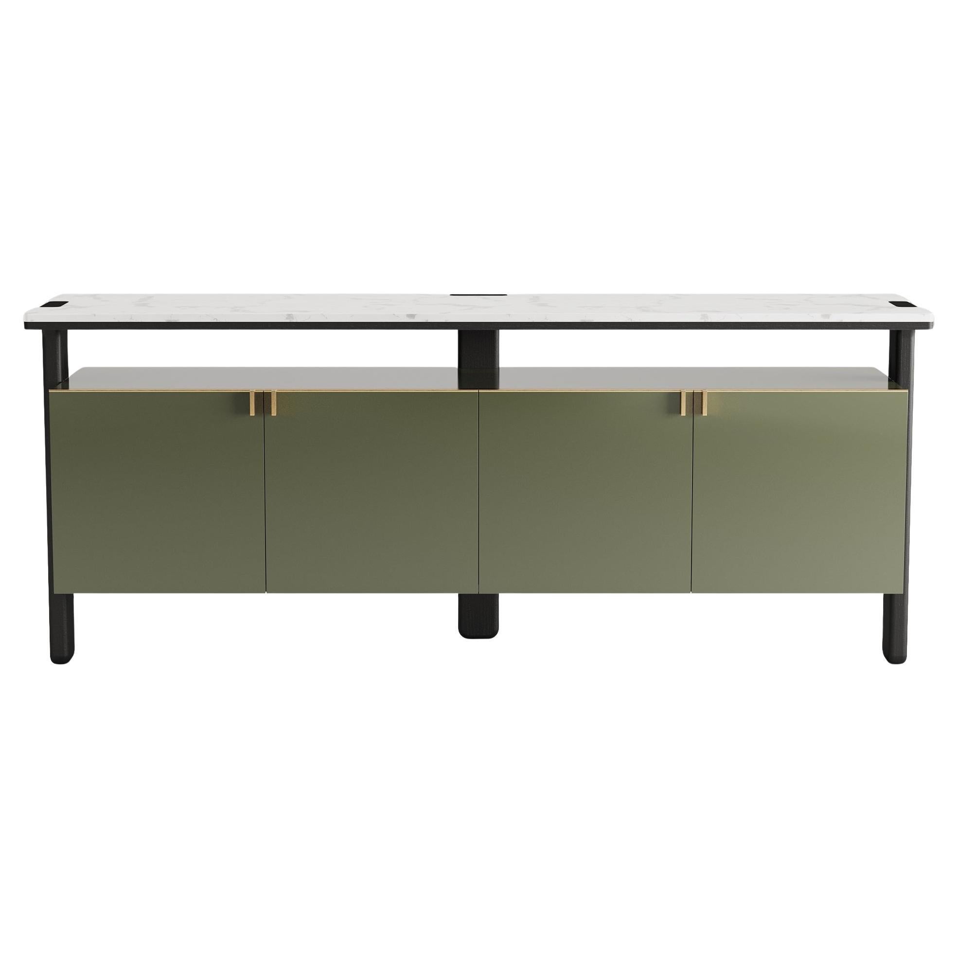 Buffet contemporain laqué avec dessus en marbre et accents métalliques en vente