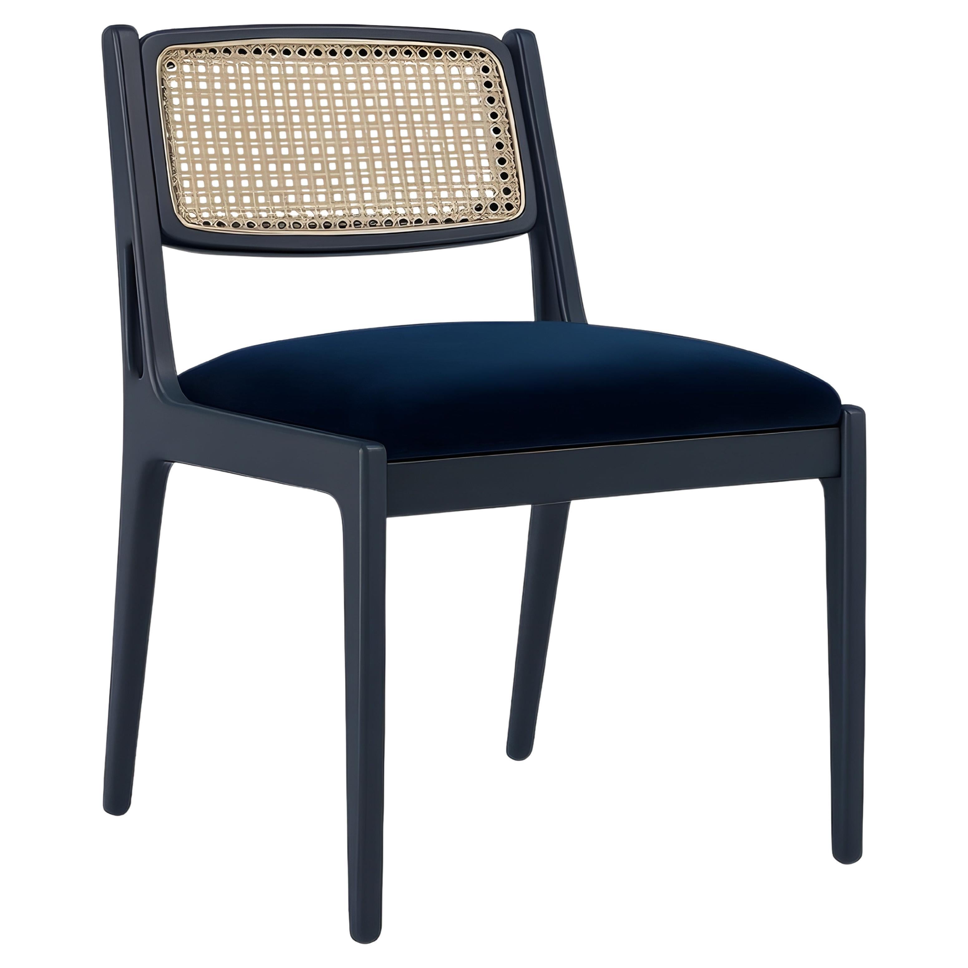 Mid-Century inspirierter Rattan-Esszimmerstuhl mit blauem Anilinrahmen/Blauem Samt