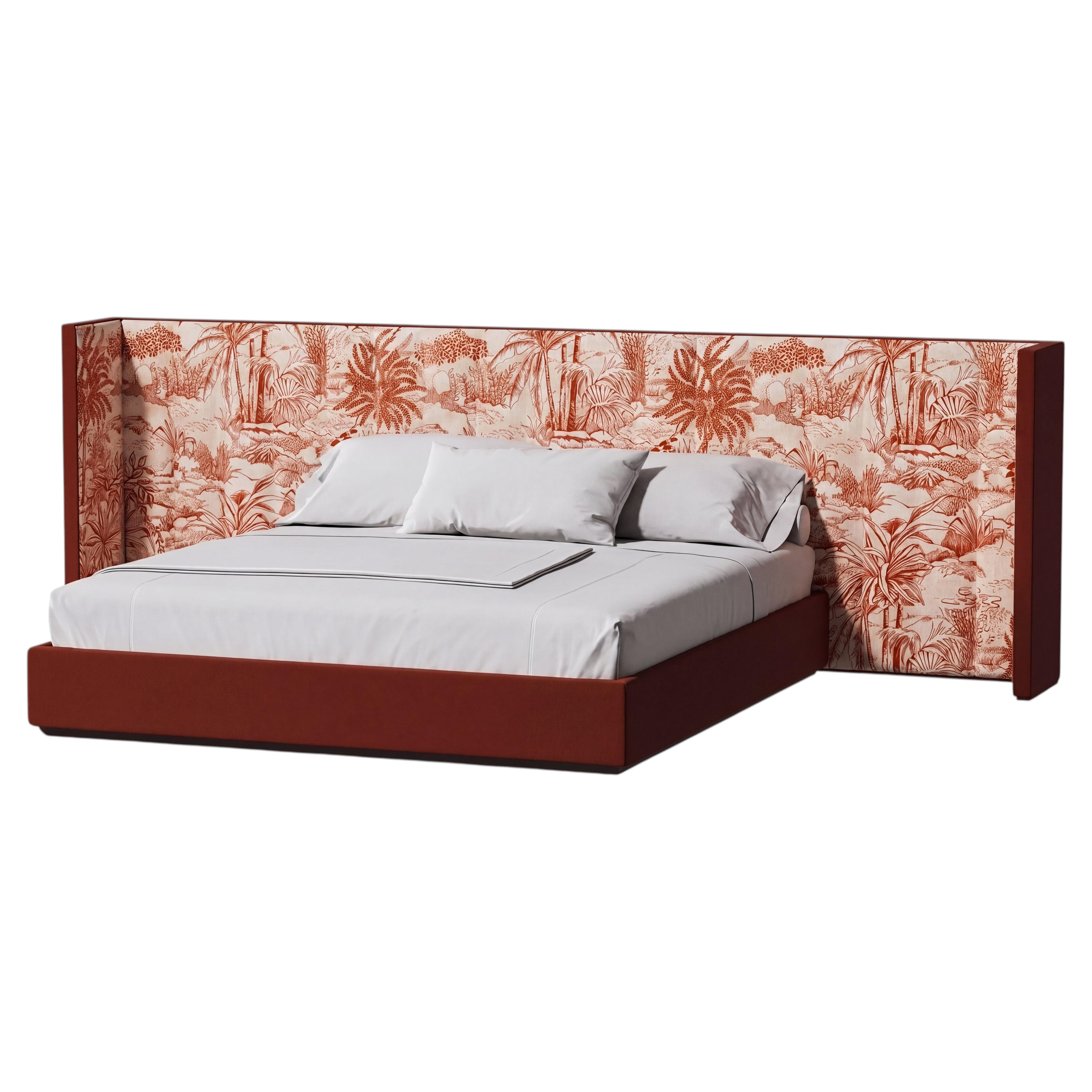 Queen-Size Architectural Platform Bed with Extended Botanical Tapestry Headboard For Sale