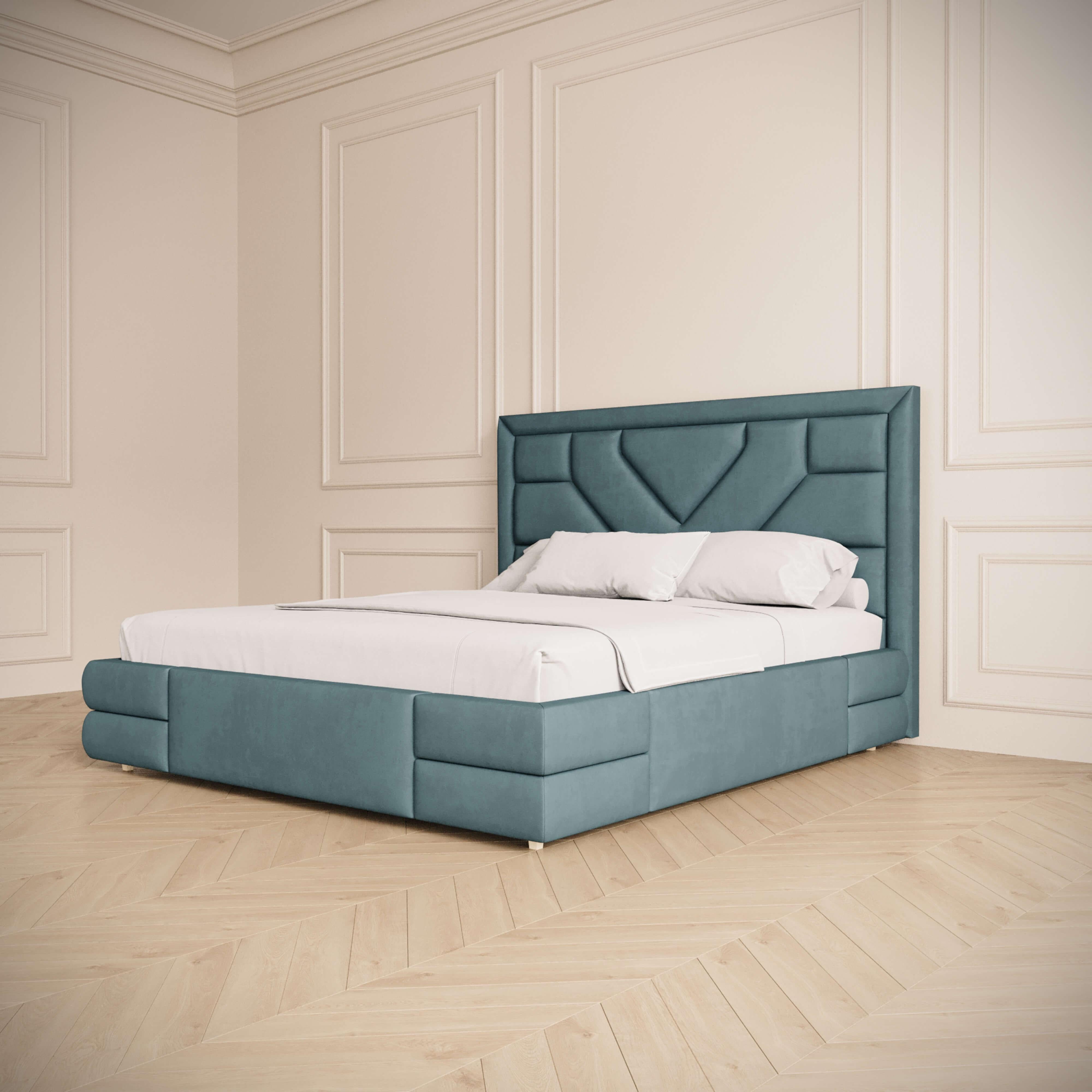 Tissu Lit Tetris, California King-Size w Geometric Headboard In Velvet en vente