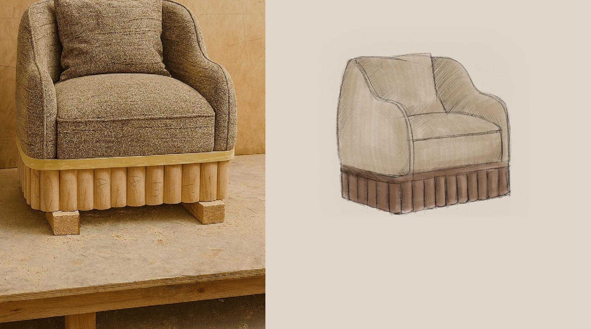 Ripple Armchair – Curved Silhouette with Sculptural Carved Wood Base For Sale 4