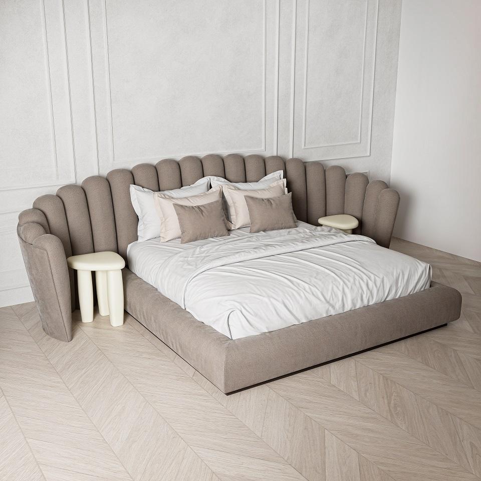 Americano Letto Vendome in stile Art Déco: testiera smerlata in velluto Mohair in vendita