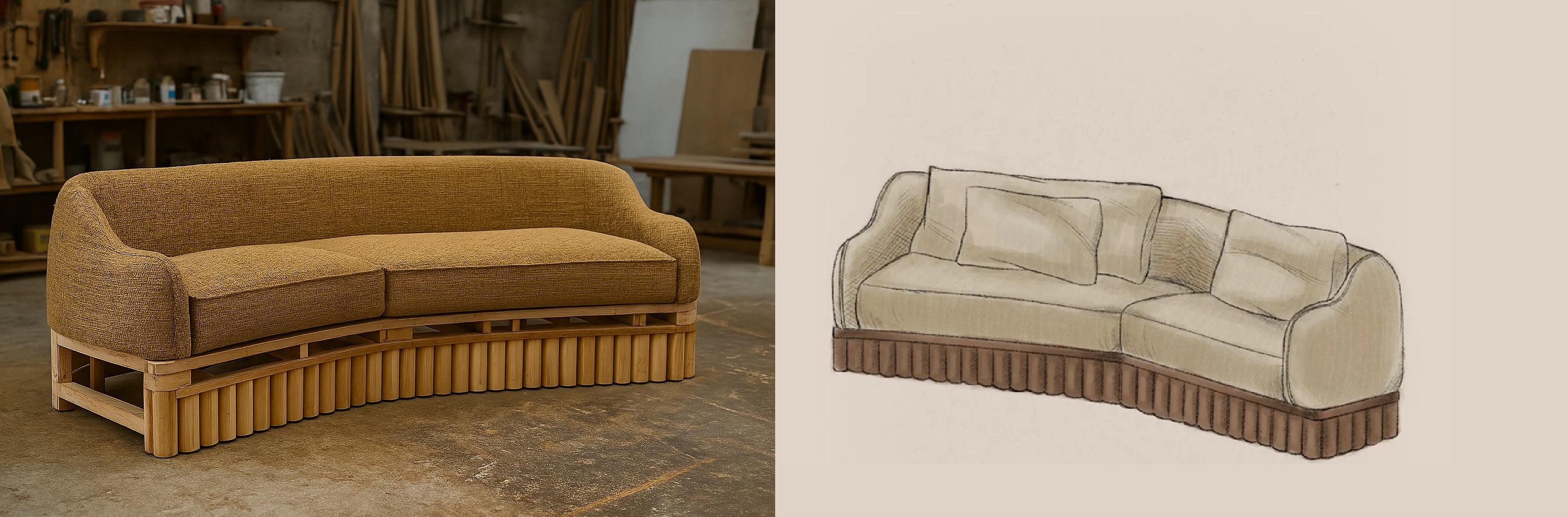 Sofá Ripple - Silueta curva angular con base escultural de madera tallada en venta 4