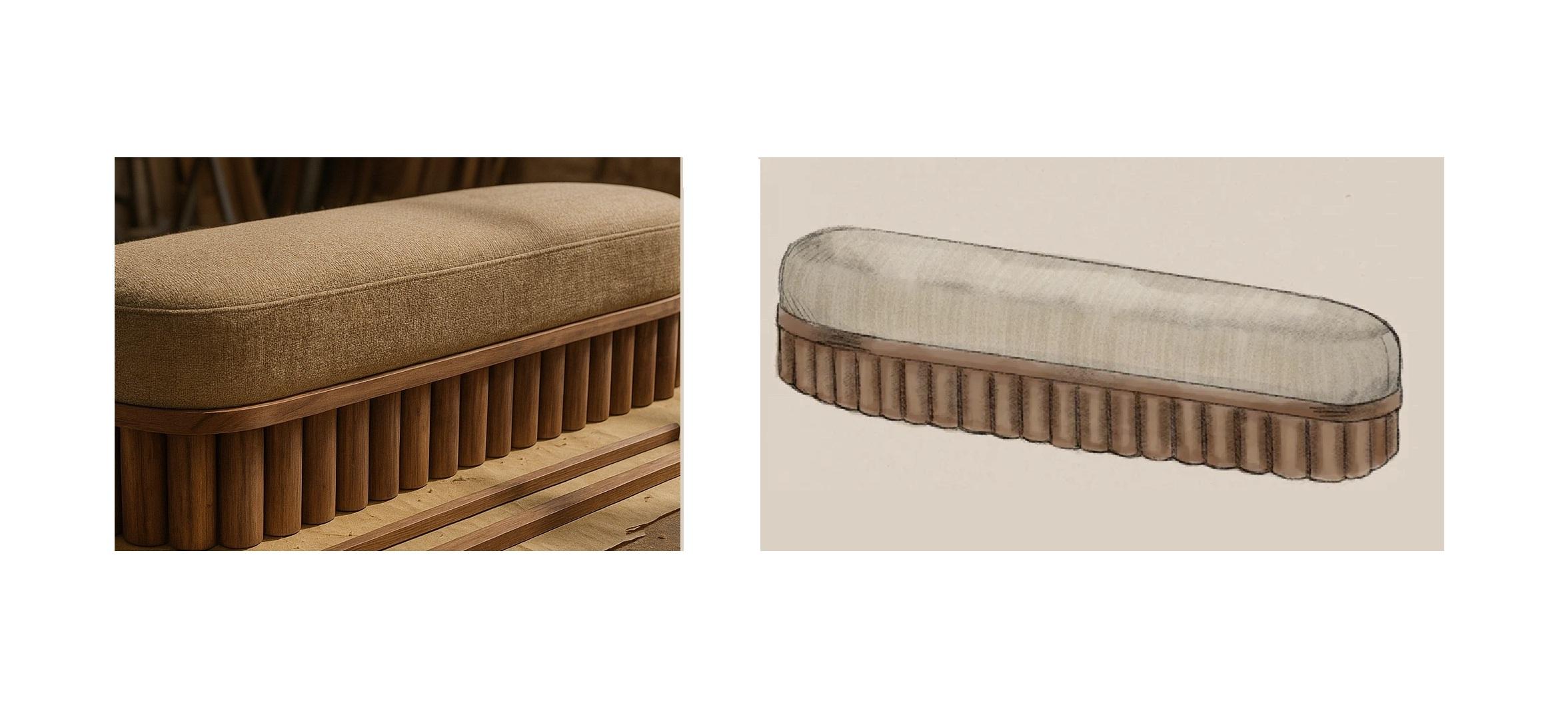Ripple Bench – Pill Shaped Silhouette with Sculptural Carved Wood Base For Sale 2