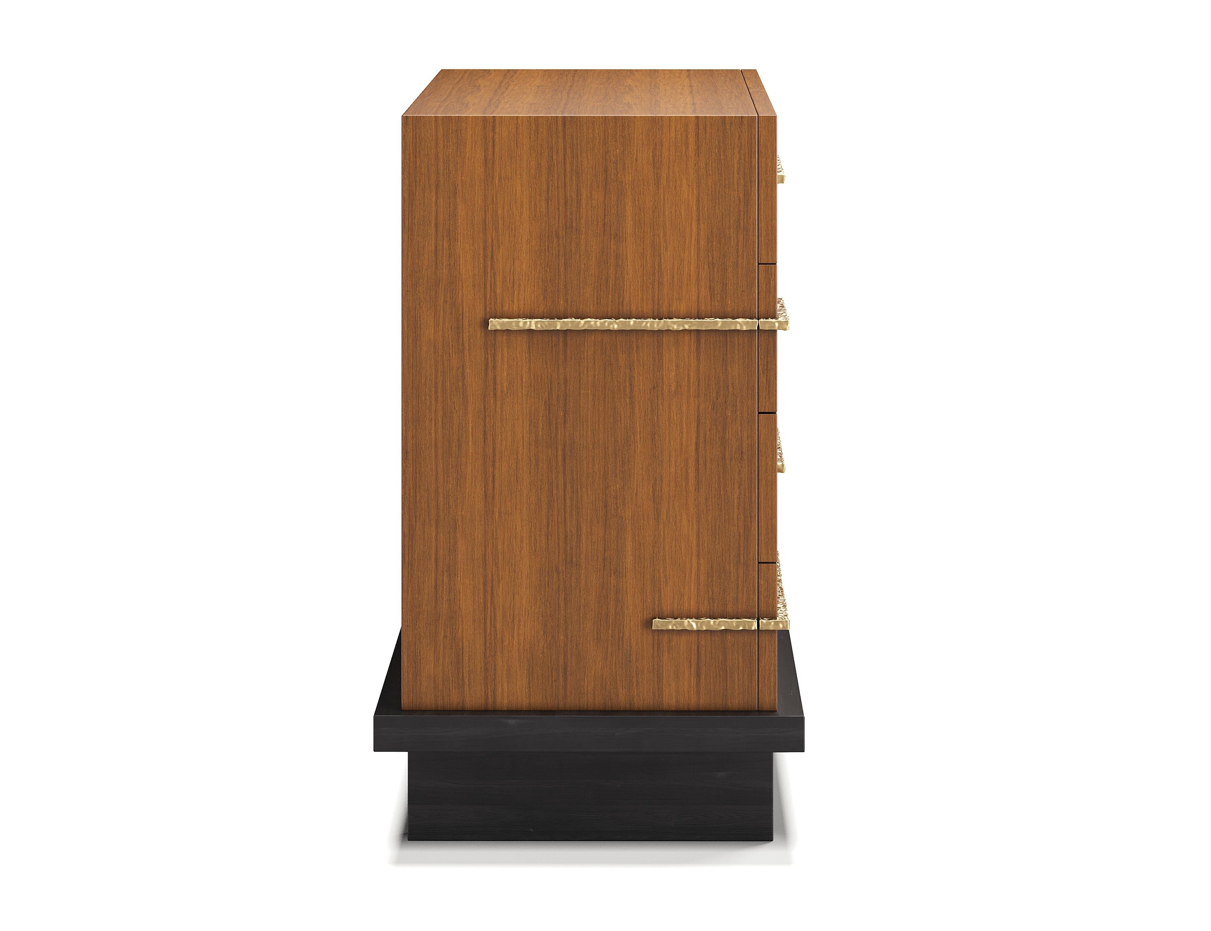 Modern Strata Chest in Walnut with Hand-Hammered Brass Pulls and Black Plinth Base For Sale