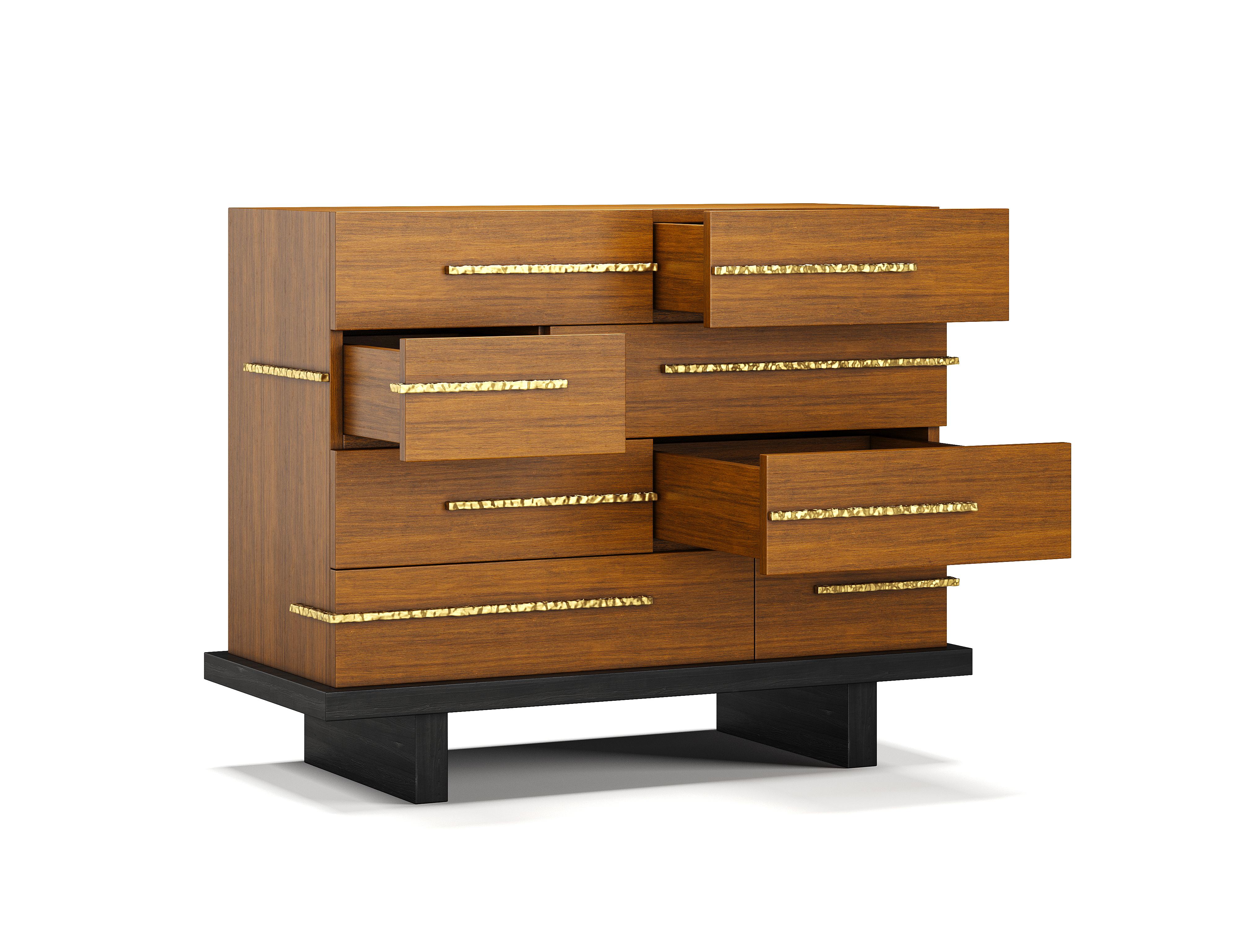 Portuguese Strata Chest in Walnut with Hand-Hammered Brass Pulls and Black Plinth Base For Sale