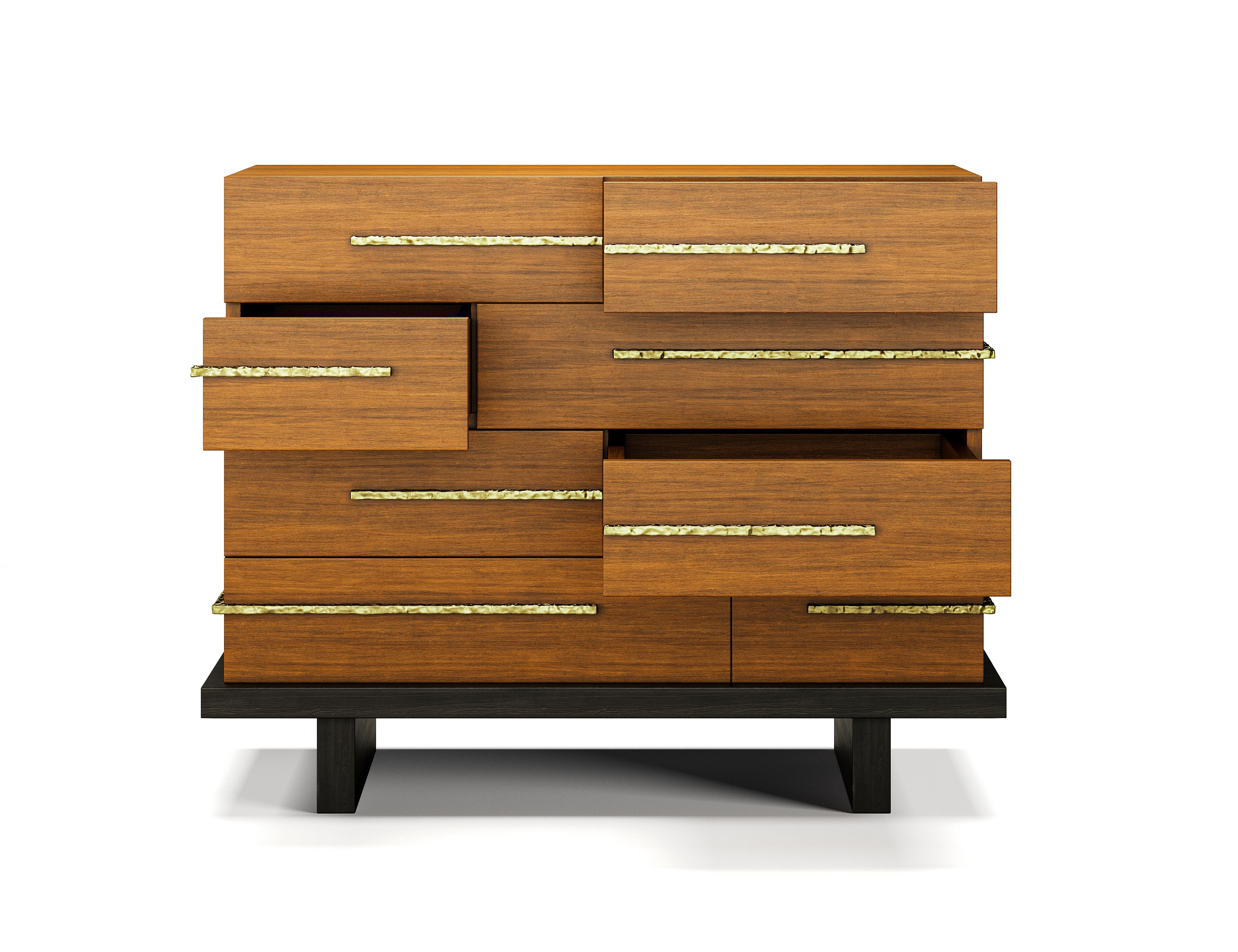 Hand-Crafted Strata Chest in Walnut with Hand-Hammered Brass Pulls and Black Plinth Base For Sale