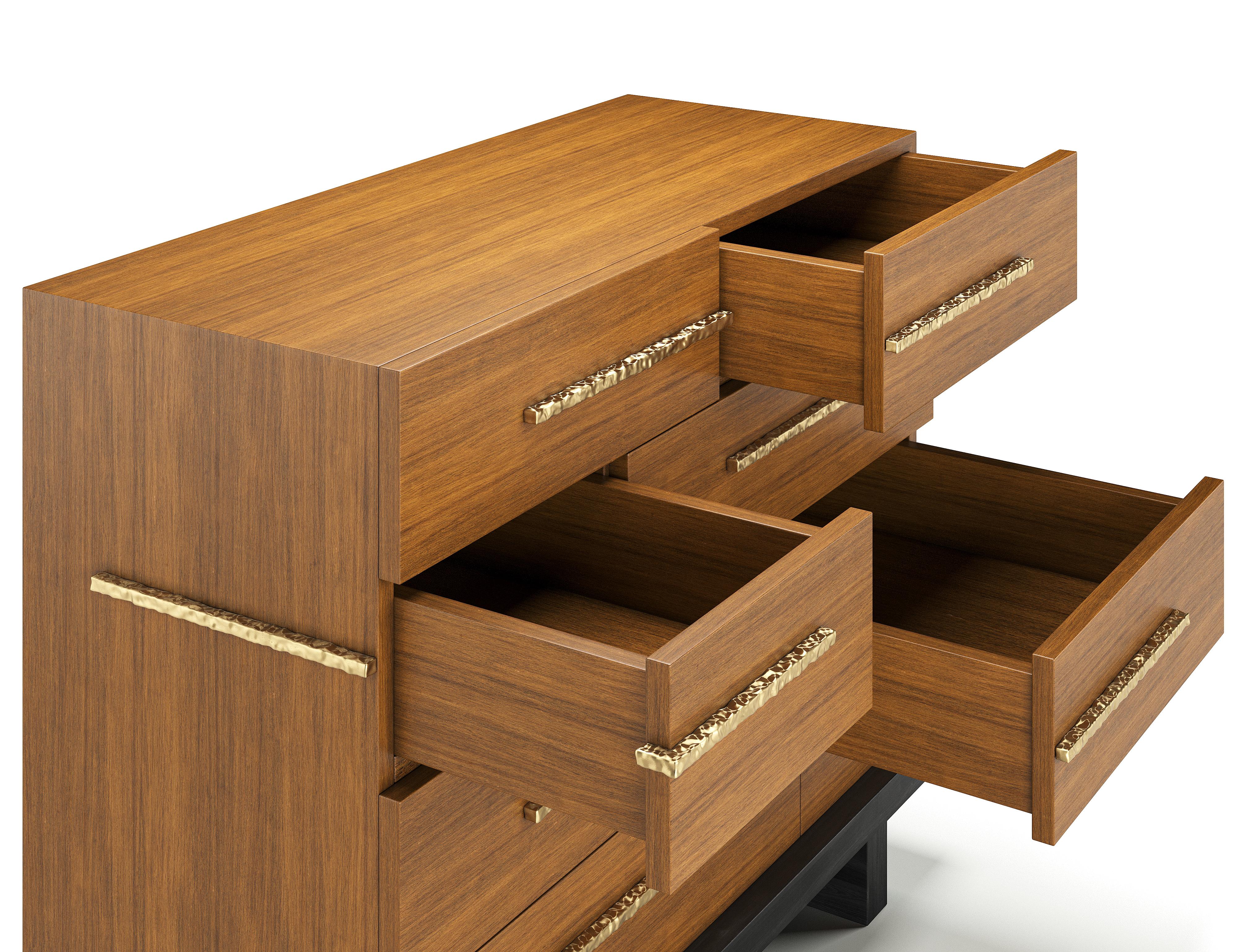 Strata Chest in Walnut with Hand-Hammered Brass Pulls and Black Plinth Base In New Condition For Sale In NEW YORK, NY