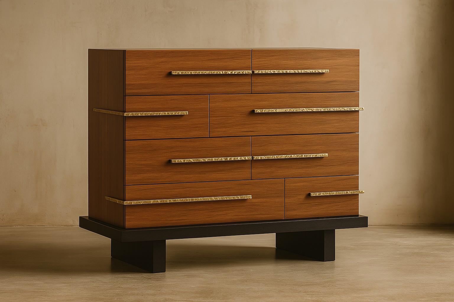 Contemporary Strata Chest in Walnut with Hand-Hammered Brass Pulls and Black Plinth Base For Sale