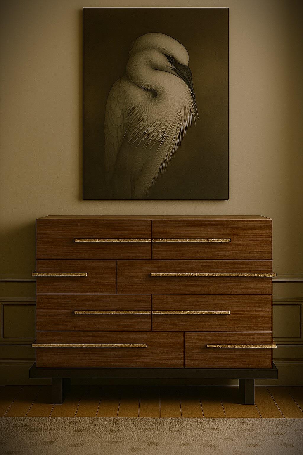 Wood Strata Chest in Walnut with Hand-Hammered Brass Pulls and Black Plinth Base For Sale