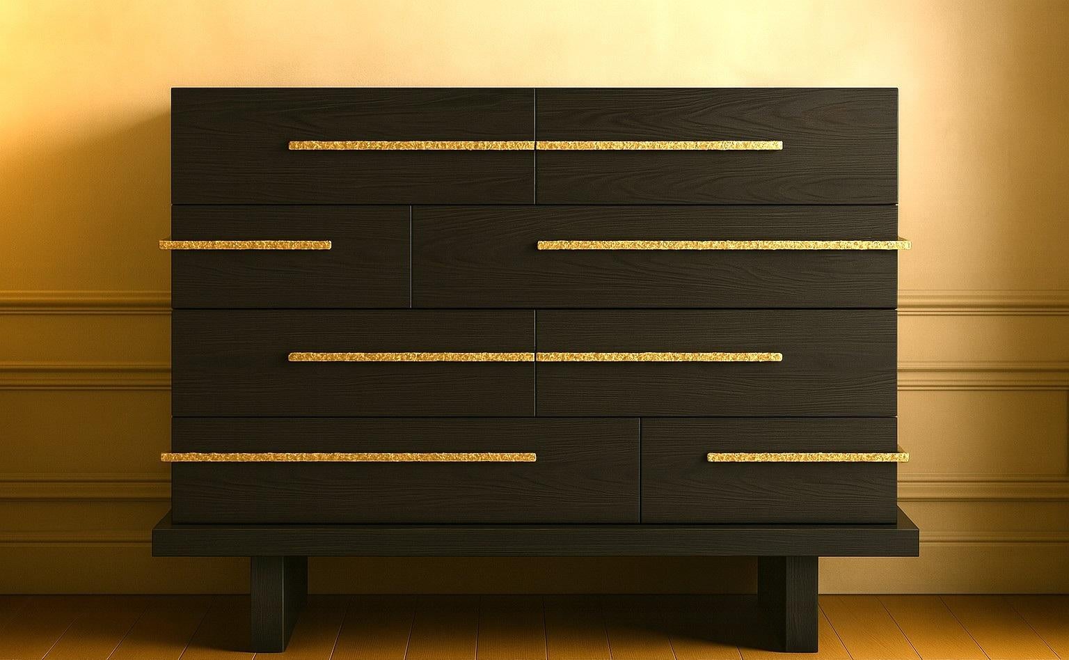 A contemporary chest of drawers featuring multiple horizontal drawers arranged in an irregular stacked composition.

Hammered brass rod handles slice through the body in stratified bands, wrapping around the sides to emphasize the layered