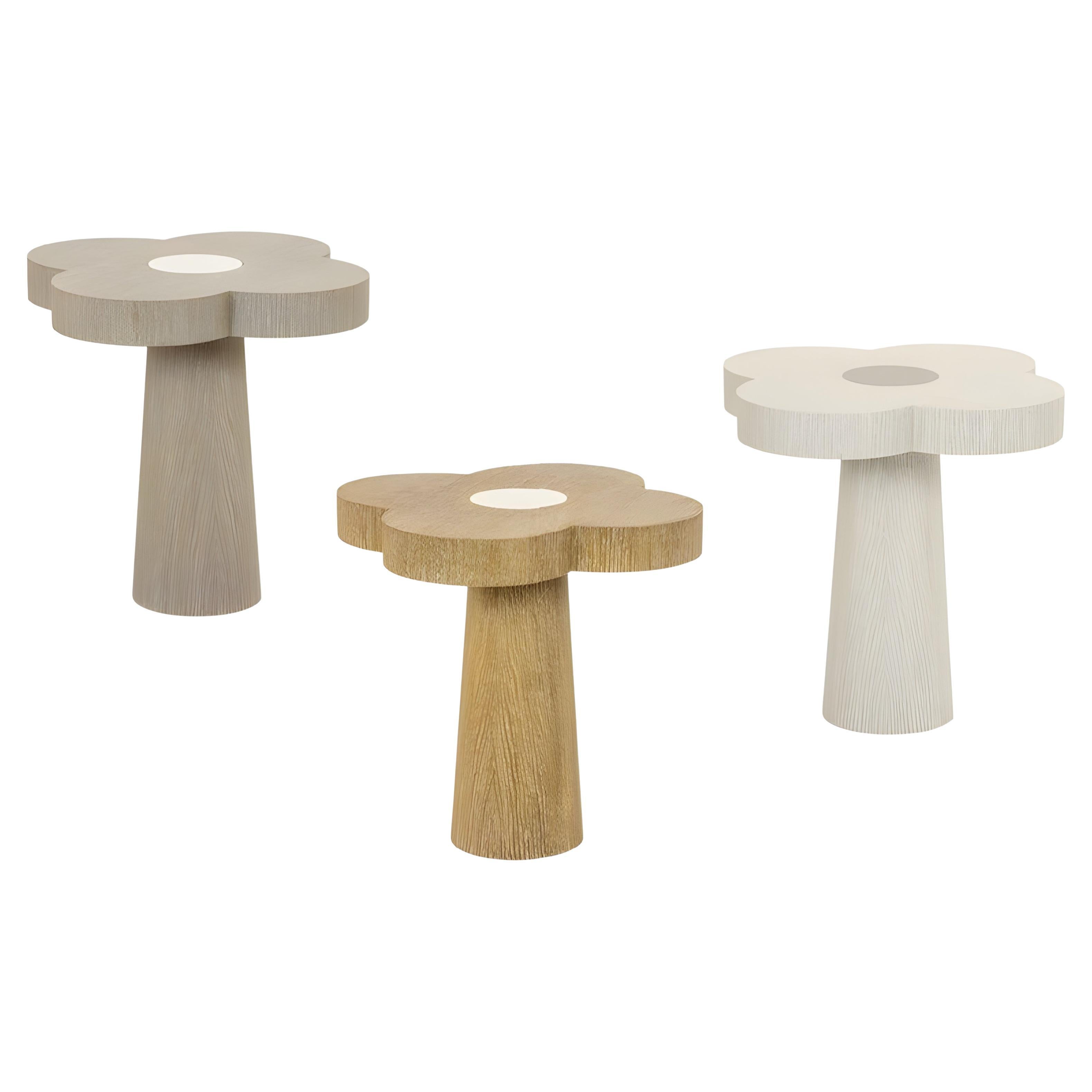 Set Of 2 Geometric Flower Side Tables in Oak with Quartz Inlay By José Castro For Sale